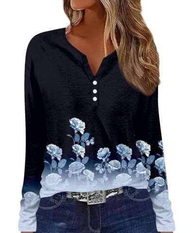 Tops for Women Casual Fall Long Sleeve Henley V Neck Shirt Color Block Button Loose Tunic Blouses Dressy 2023 Outfits B Blue ...