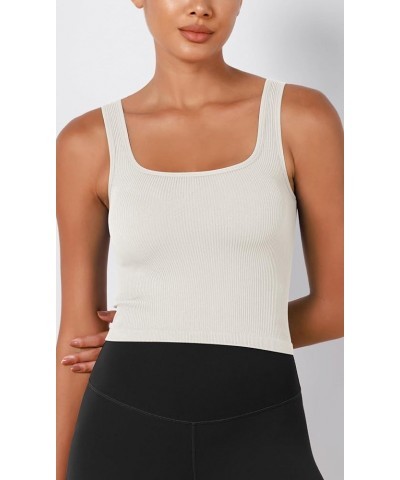 3-Pack Seamless Square Neck Crop Tank for Women Ribbed Knit Soft Low Back Cropped Tops Ivory+dusty Blue+sphinx (Long Crop) $1...