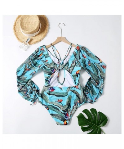 Women's Long Sleeve Bathing Suit, Floral Print Backless One Piece Swimsuit Puff Sleeve Bathing Suit Swimwear Bikini-8 $16.15 ...
