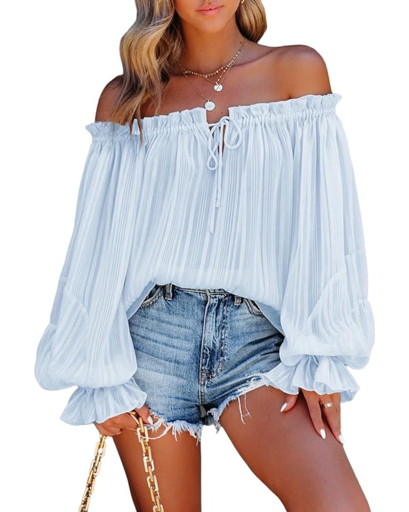 Women's Sexy Striped Off Shoulder Ruffle Drawstring Long Sleeve Blouses Casual Chiffon Shirt Top A Sky Blue $20.64 Blouses
