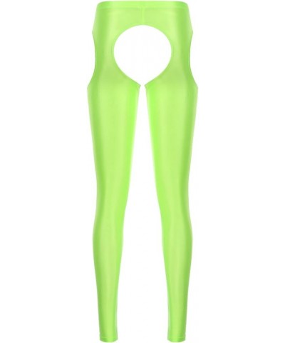 Women Sexy Hollow Out Stretchy Open Crotch Leggings Glossy Skinny High Elastic Pencil Pants Fluorescent Green $14.39 Leggings