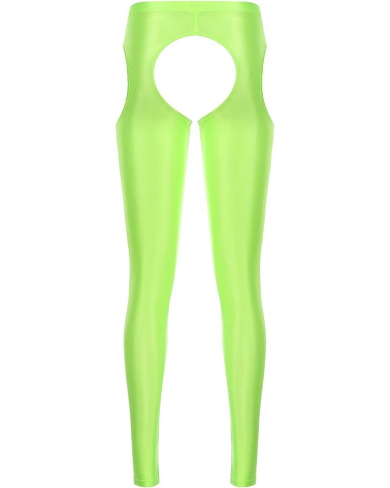 Women Sexy Hollow Out Stretchy Open Crotch Leggings Glossy Skinny High Elastic Pencil Pants Fluorescent Green $14.39 Leggings