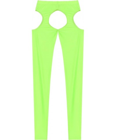 Women Sexy Hollow Out Stretchy Open Crotch Leggings Glossy Skinny High Elastic Pencil Pants Fluorescent Green $14.39 Leggings