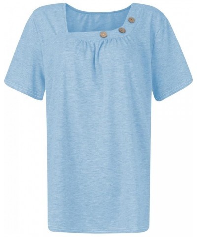 Womens Short Sleeve Blouses Spring Dressy Casual Loose Fit T Shirts Button Decor Summer Solid Color Tunic Tops Ab-light Blue ...
