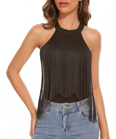Women's Fringe Trim Sleeveless Cami Body Suits Concert Outfits Halter Bodysuit Tank Top Disco Outfit Deep Coffee $13.99 Bodys...