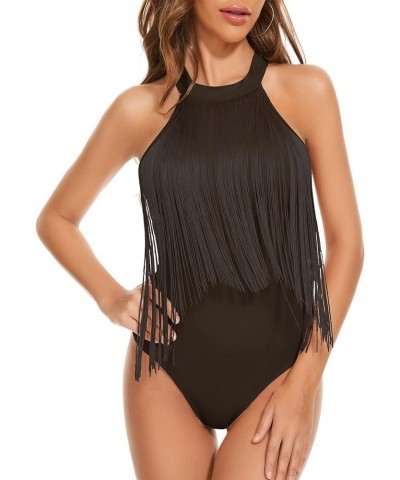 Women's Fringe Trim Sleeveless Cami Body Suits Concert Outfits Halter Bodysuit Tank Top Disco Outfit Deep Coffee $13.99 Bodys...