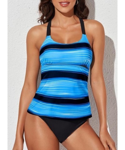Womens 2024 Summer Striped Print Racerback Tankini Swim Top No Bottom (S-XXXL) 3 Sky Blue $15.82 Swimsuits