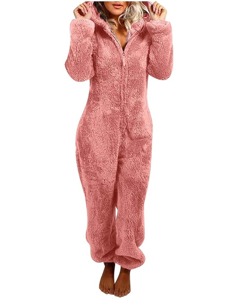 Winter Warm Fleece Onesies Pajamas Womens Funny Cute Sofy Comfy Fuzzy Fluffy Jumpsuit Hooded Long Sleeve Zipper Pyjamas Pink ...
