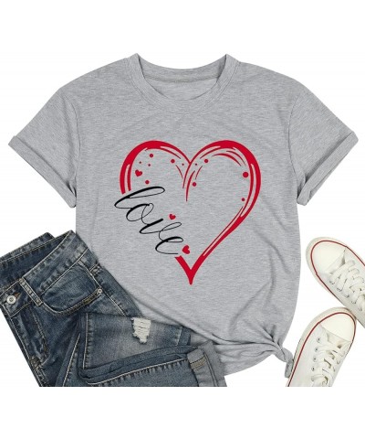 Cute Valentine's Day Tshirt Women Love Heart Printed Shirt Casual Short Sleeve Graphic Tee Tops Light Gray $7.50 T-Shirts