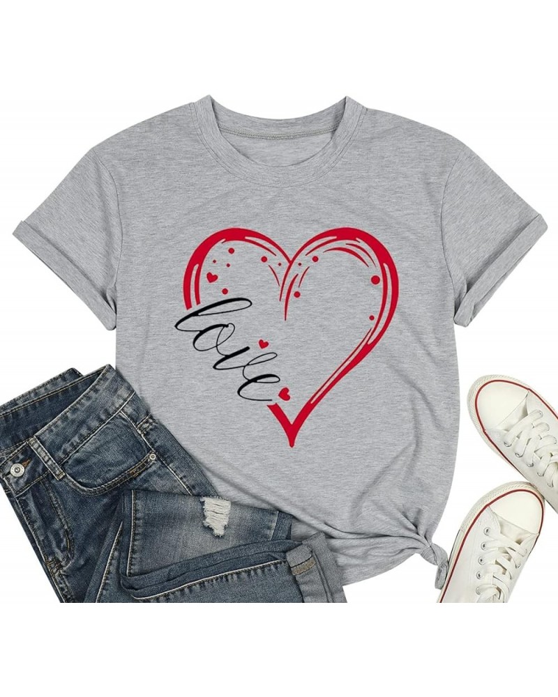 Cute Valentine's Day Tshirt Women Love Heart Printed Shirt Casual Short Sleeve Graphic Tee Tops Light Gray $7.50 T-Shirts