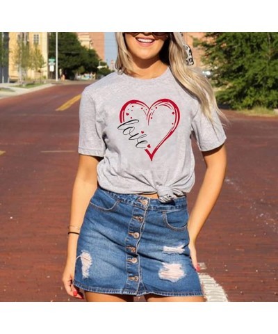 Cute Valentine's Day Tshirt Women Love Heart Printed Shirt Casual Short Sleeve Graphic Tee Tops Light Gray $7.50 T-Shirts