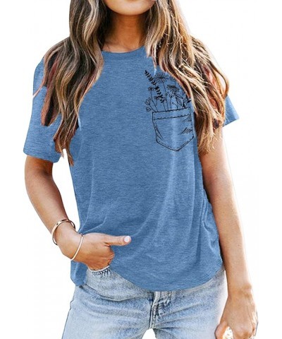 Wildflower Shirt Women Floral Graphic Tee Shirt Funny Pocket Tshirts Flower Short Sleeve Casual Blouse Top Blue $13.33 T-Shirts