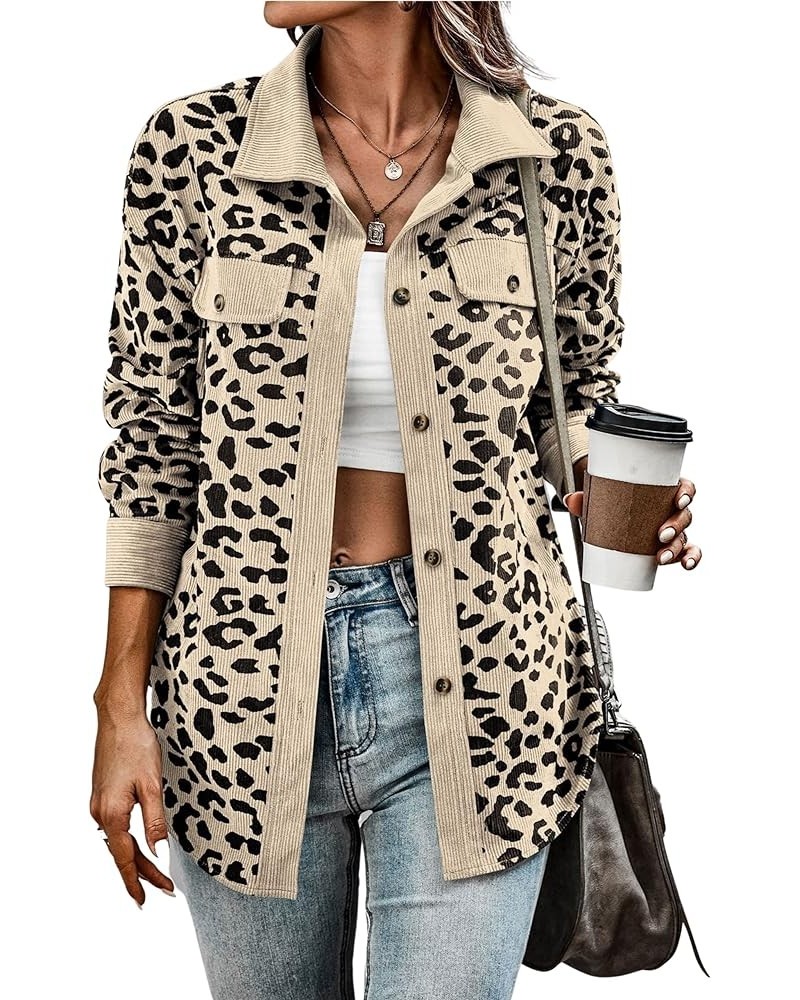 Womens Leopard Corduroy Shacket Lapel Long Sleeve Button Down Shirt Jacket Coat with Pockets Apricot $17.62 Jackets