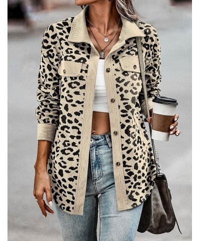 Womens Leopard Corduroy Shacket Lapel Long Sleeve Button Down Shirt Jacket Coat with Pockets Apricot $17.62 Jackets