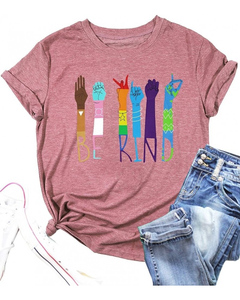 Be Kind Shirt for Women Sign Languag Hand Graphic T Shirts Kindness Short Sleeve Inspirational Tee Tops Pink2 $13.79 T-Shirts