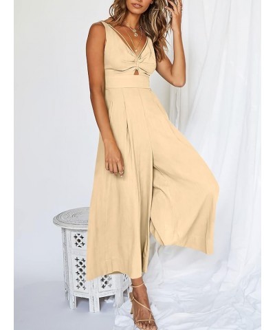 Women's Summer Wide Leg Jumpsuits V Neck Sleeveless High Waist Vacation Linen Rompers Dressy Beige $20.25 Jumpsuits
