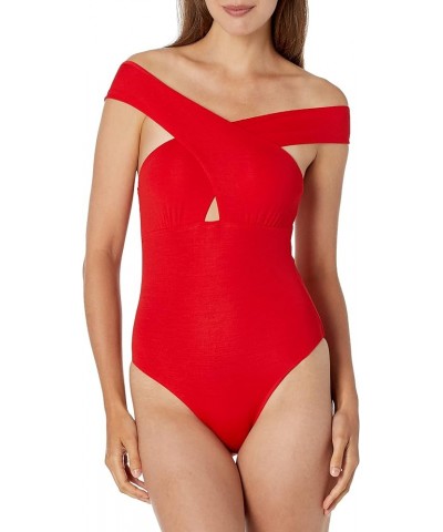 Women's Standard One Piece Swimsuit with Cross Front Off The Shoulder Straps Red $25.39 Swimsuits