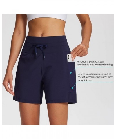 Women's 5"/9" High Waisted Swim Board Shorts Quick Dry Swimsuits Bottoms with Drawstring 5 inches Navy Blue $16.22 Swimsuits