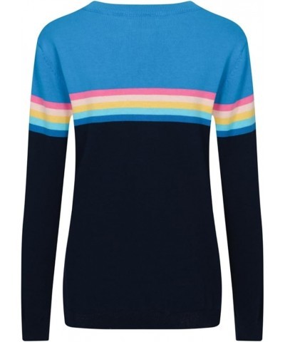 Women's 1960s Retro Knit Long Sleeve, Striped Knit T-Shirts Rainbow Blue $20.25 T-Shirts