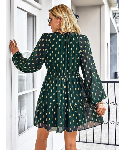 Women's Long Sleeve V Neck Polka Dot Dress Casual High Waist Ruffle Boho Vintage Flowy Swing Tiered Tunic Mini Dresses Dark G...