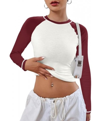 Women's Long Sleeve T Shirts Crewneck Color Block Tops Y2K Slim Fit Shirts Wine White $11.27 T-Shirts