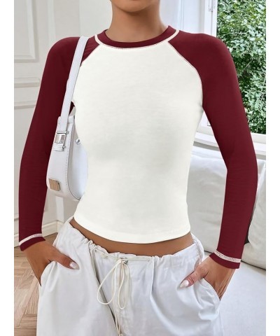 Women's Long Sleeve T Shirts Crewneck Color Block Tops Y2K Slim Fit Shirts Wine White $11.27 T-Shirts