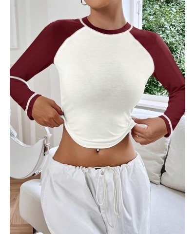 Women's Long Sleeve T Shirts Crewneck Color Block Tops Y2K Slim Fit Shirts Wine White $11.27 T-Shirts