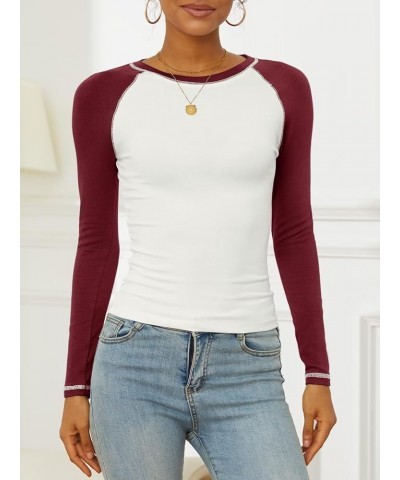 Women's Long Sleeve T Shirts Crewneck Color Block Tops Y2K Slim Fit Shirts Wine White $11.27 T-Shirts