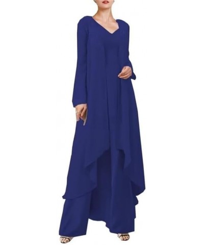 3 Pieces Chiffon Mother of The Bride Pant Sets with Jacket V Neck Lace Appliques Long Sleeve Ruffle Formal Pant Suits Long De...