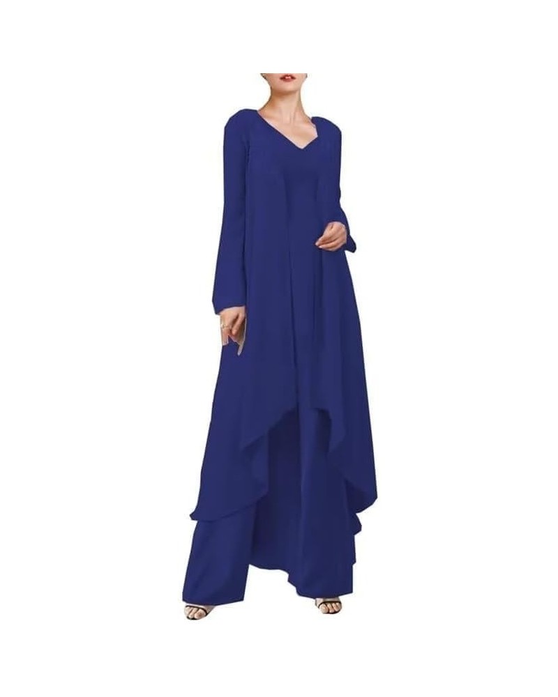 3 Pieces Chiffon Mother of The Bride Pant Sets with Jacket V Neck Lace Appliques Long Sleeve Ruffle Formal Pant Suits Long De...