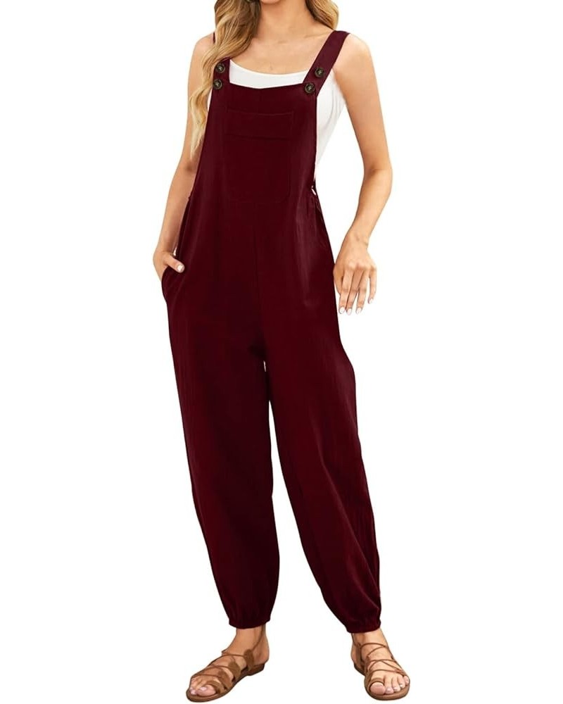 2024 Sleeveless Jumpsuits for Women Scoop Neck Casual Tank Rompers Loose Wide Leg Stretchy Overalls with Pockets 012-wine $5....