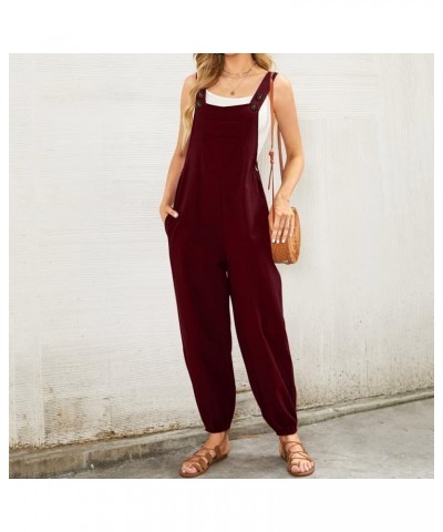2024 Sleeveless Jumpsuits for Women Scoop Neck Casual Tank Rompers Loose Wide Leg Stretchy Overalls with Pockets 012-wine $5....