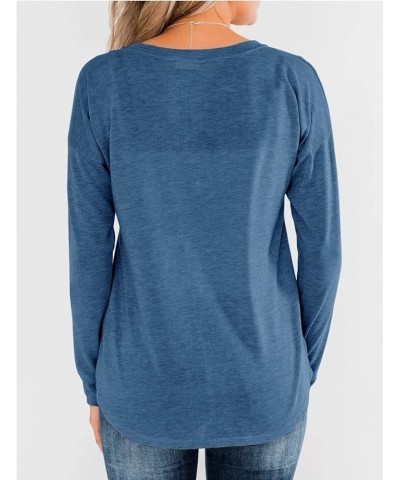 Women's Long Sleeve Henley Tops Pullover with Buttons Down Casual Loose Fit V-Neck Tunics 1-blue $14.61 Tops