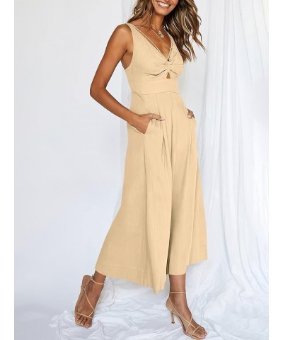 Women's Summer Wide Leg Jumpsuits V Neck Sleeveless High Waist Vacation Linen Rompers Dressy Beige $20.25 Jumpsuits