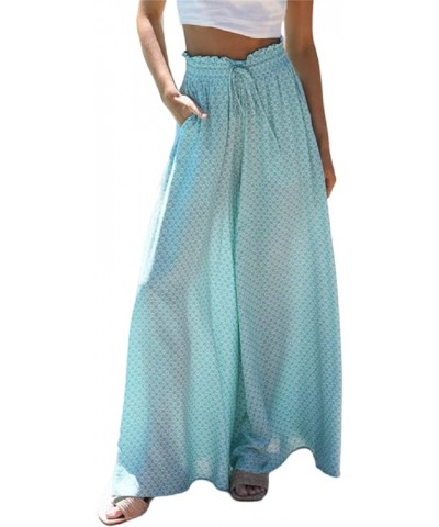 Women's Floral Print Wide Leg Pants High Waist Elastic Drawstring Pants Casual Summer Boho Beach Pants with Pockets Blue Prin...