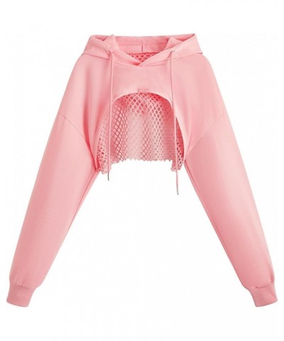 Women's Fishnet Long Sleeve Drawstring High Low Workout Hoodie Crop Tops Pink $12.60 Hoodies & Sweatshirts