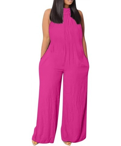 Plus Size Jumpsuits for Women, Cotton Linen Wide Leg Jumpsuits Summer Sleeveless One Piece Formal Rompers Overalls B-hot Pink...