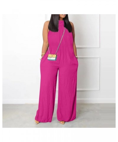 Plus Size Jumpsuits for Women, Cotton Linen Wide Leg Jumpsuits Summer Sleeveless One Piece Formal Rompers Overalls B-hot Pink...