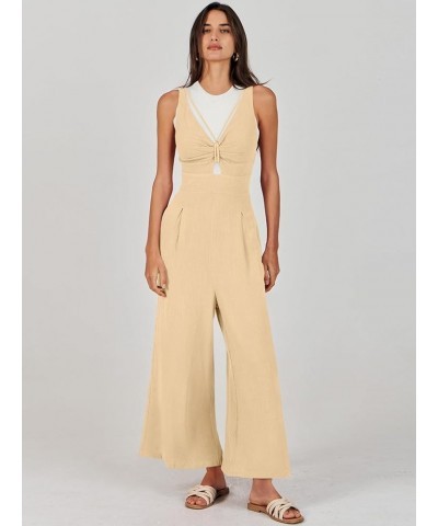 Women's Summer Wide Leg Jumpsuits V Neck Sleeveless High Waist Vacation Linen Rompers Dressy Beige $20.25 Jumpsuits