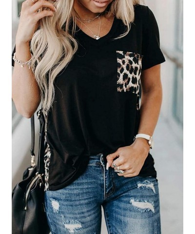 Womens Leopard Printed T Shirt Summer Short Sleeve Shirts Loose Casual Tops Crewneck Tee Top Blouses D Black $10.65 T-Shirts