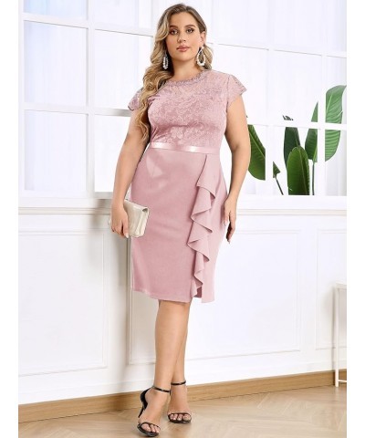 Women's Plus Size Floral Lace Contrast Ruffles Split Evening Cocktail Dress Pink $24.44 Dresses