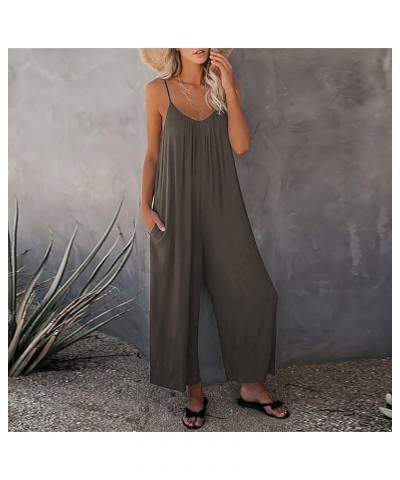 Women'S Casual Sleeveless Jumpsuits Loose Summer Spaghetti Strap Overalls Plus Size Long Pants Romper With Pockets A-dark Gra...