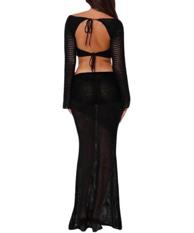 Women 2 Piece Summer Outfits Flower Cutout Backless Halter Tops and Bodycon Skirt for Streetwear Aesthetic Clothes Knitted Bl...