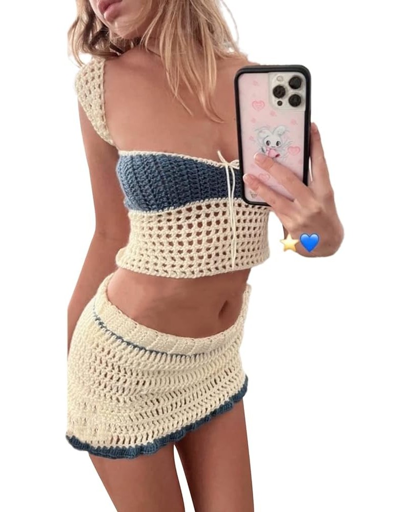 Women Y2K Crochet Knitted Skirts Set Strapless Tube Crop Top High Waist Mini Skirt 2Pcs Outfits Set Swim Beachwear Beige Dark...