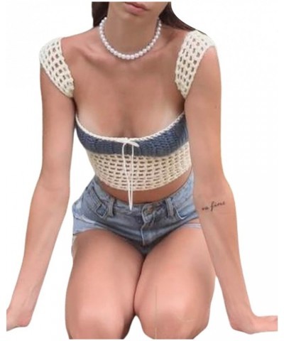 Women Y2K Crochet Knitted Skirts Set Strapless Tube Crop Top High Waist Mini Skirt 2Pcs Outfits Set Swim Beachwear Beige Dark...
