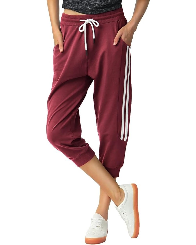 Capri Sweatpants for Women Casual Capri Pants Capri Joggers Sports Pants Cropped Joggers with Pockets Wine Red $16.79 Pants