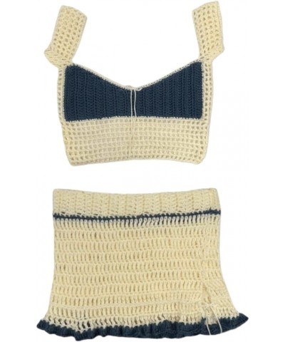 Women Y2K Crochet Knitted Skirts Set Strapless Tube Crop Top High Waist Mini Skirt 2Pcs Outfits Set Swim Beachwear Beige Dark...