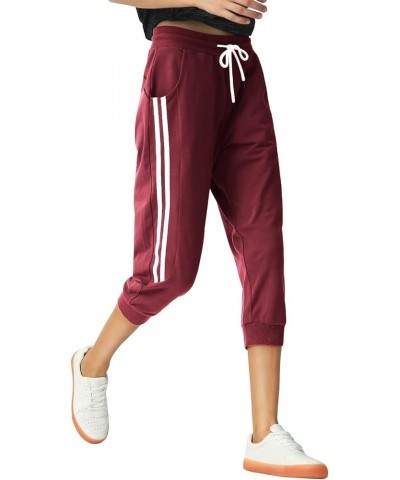 Capri Sweatpants for Women Casual Capri Pants Capri Joggers Sports Pants Cropped Joggers with Pockets Wine Red $16.79 Pants