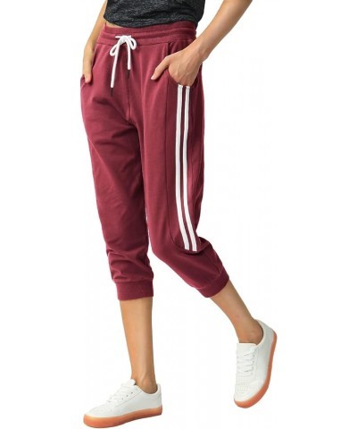 Capri Sweatpants for Women Casual Capri Pants Capri Joggers Sports Pants Cropped Joggers with Pockets Wine Red $16.79 Pants