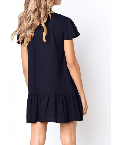 Womens Polka Dot V Neck Button Down Ruffles Loose Mini Short T-Shirt Dress Z1-navy $17.49 Dresses